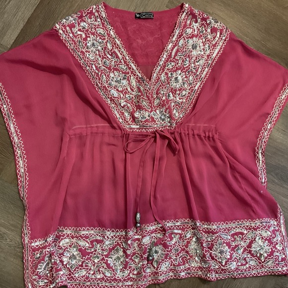 Casting Womens Kaftan Tunic‎ Top Fuchsia Pink OS Boho Embroidered Sheer - Picture 1 of 11